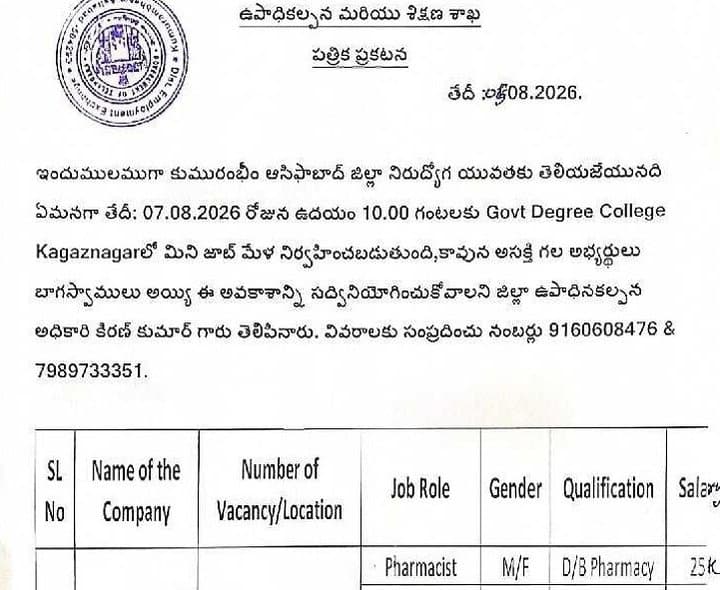 కాగజ్‌నగర్‌లో ఆగస్టు 7న మినీ జాబ్‌మేళా