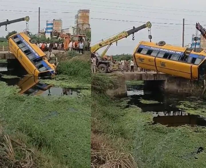 కాలువలోకి దూసుకెళ్లిన బస్సు