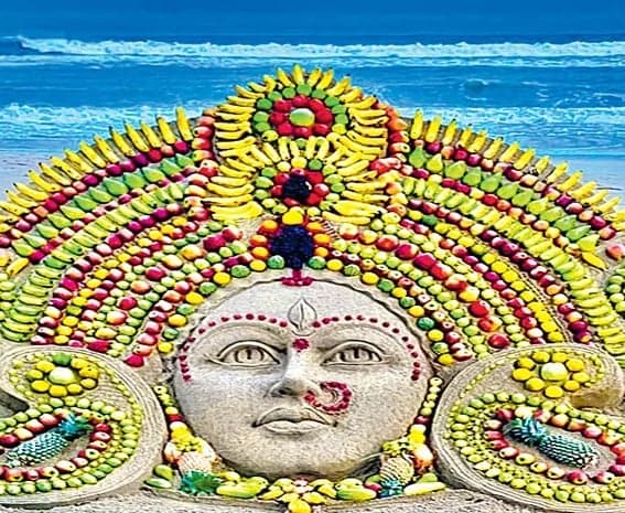 కూరగాయలతో దుర్గా శిల్పం