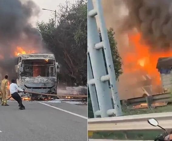 ఎక్స్‌ప్రెస్‌వేపై అగ్నికి ఆహుతైన బస్సు