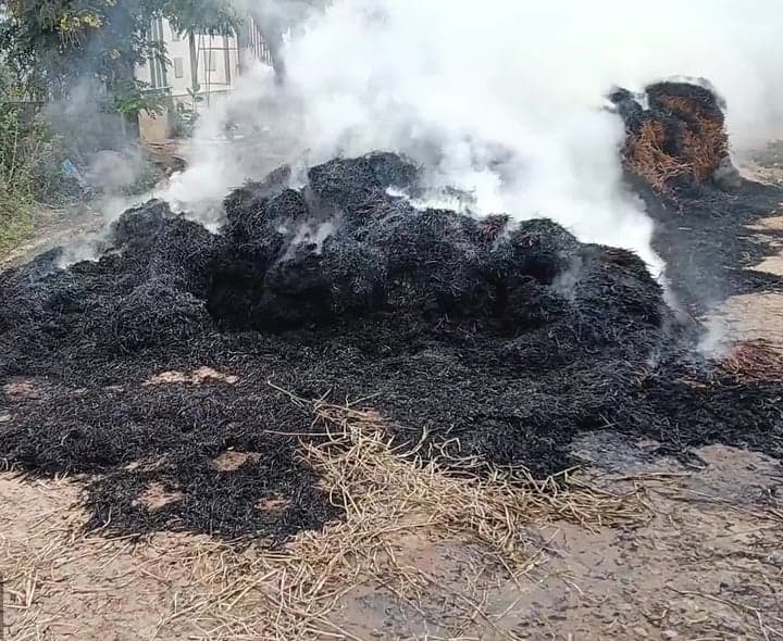 విద్యుత్ తీగలతో గడ్డి ట్రాలీ దగ్ధం