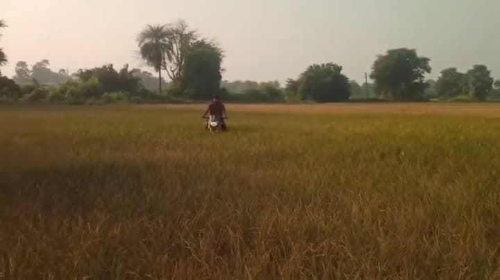 పొలంలో బైక్‌పై తిరుగుతూ యువరైతు నిరసన