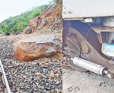 కొండ పైనుంచి జారి రైలును ఢీకొన్న బండరాయి - Udayam