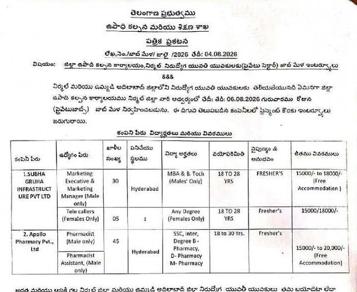 నిర్మల్లో ఆగస్టు 6న జాబ్మేళా - Udayam Digital